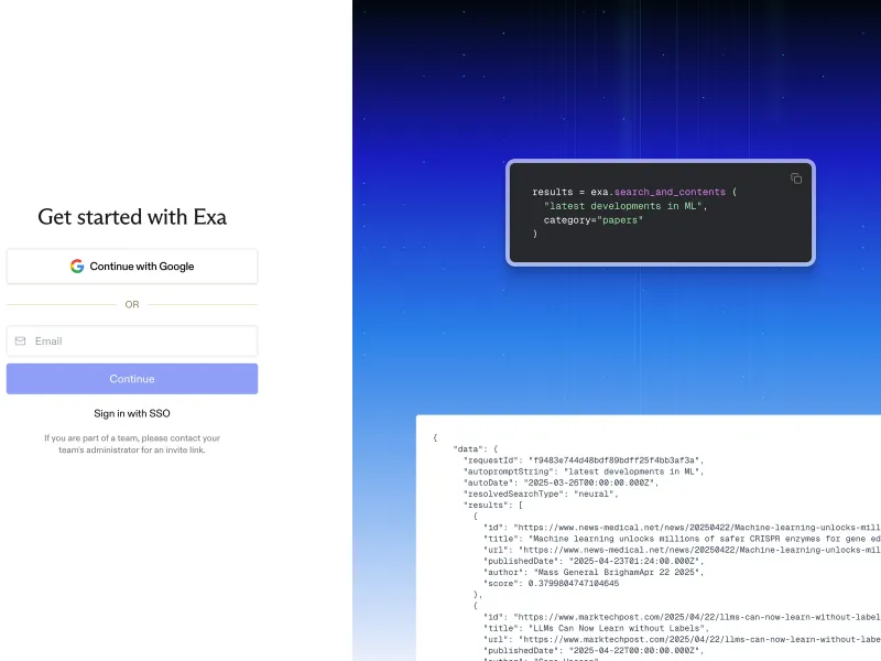 Exa — AI & ML скриншот интерфейса