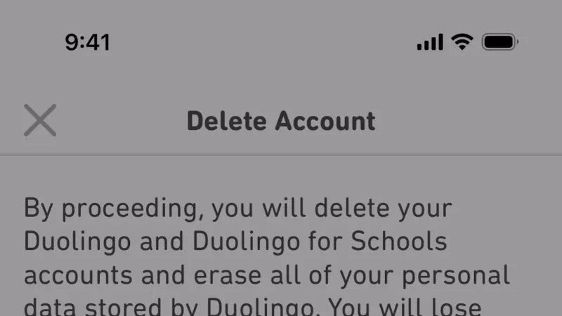 Delete & Deactivate Account — Duolingo, Education UI