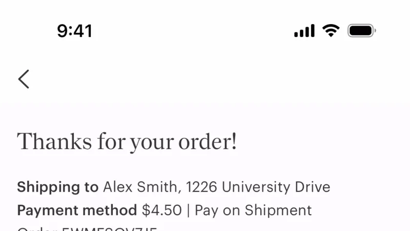 Order Confirmation — Faire Wholesale, E-commerce UI