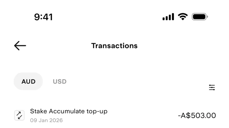 Timeline & History — Stake, Fintech UI