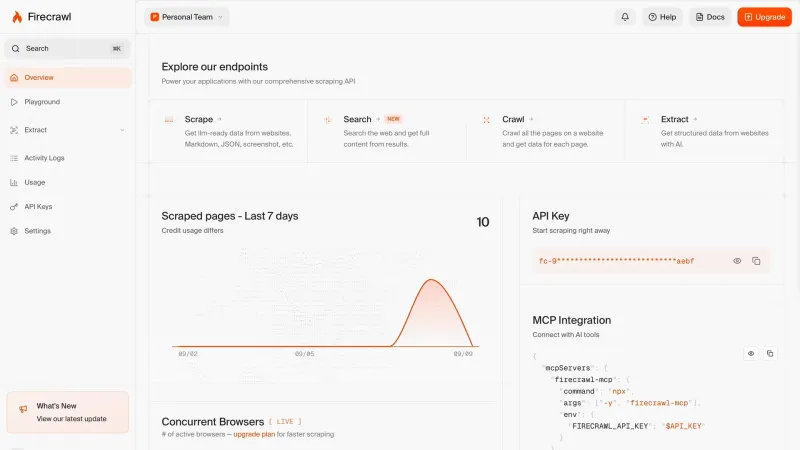 Firecrawl — Developer Tools, интерфейс, скриншот 5/126