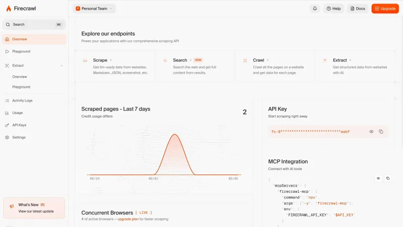 Firecrawl — Developer Tools, интерфейс, скриншот 10/126