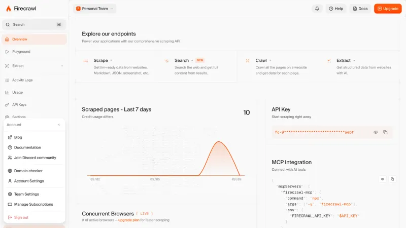 Firecrawl — Developer Tools, интерфейс, скриншот 11/126