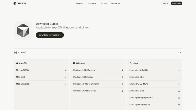 Downloads — Cursor, Developer Tools UI